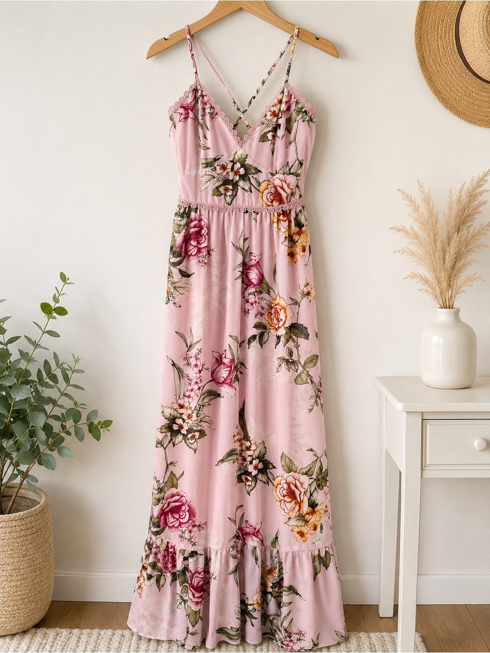 Love for Humanity Couture Pink Floral Lace Trim Maxi Dress NWT